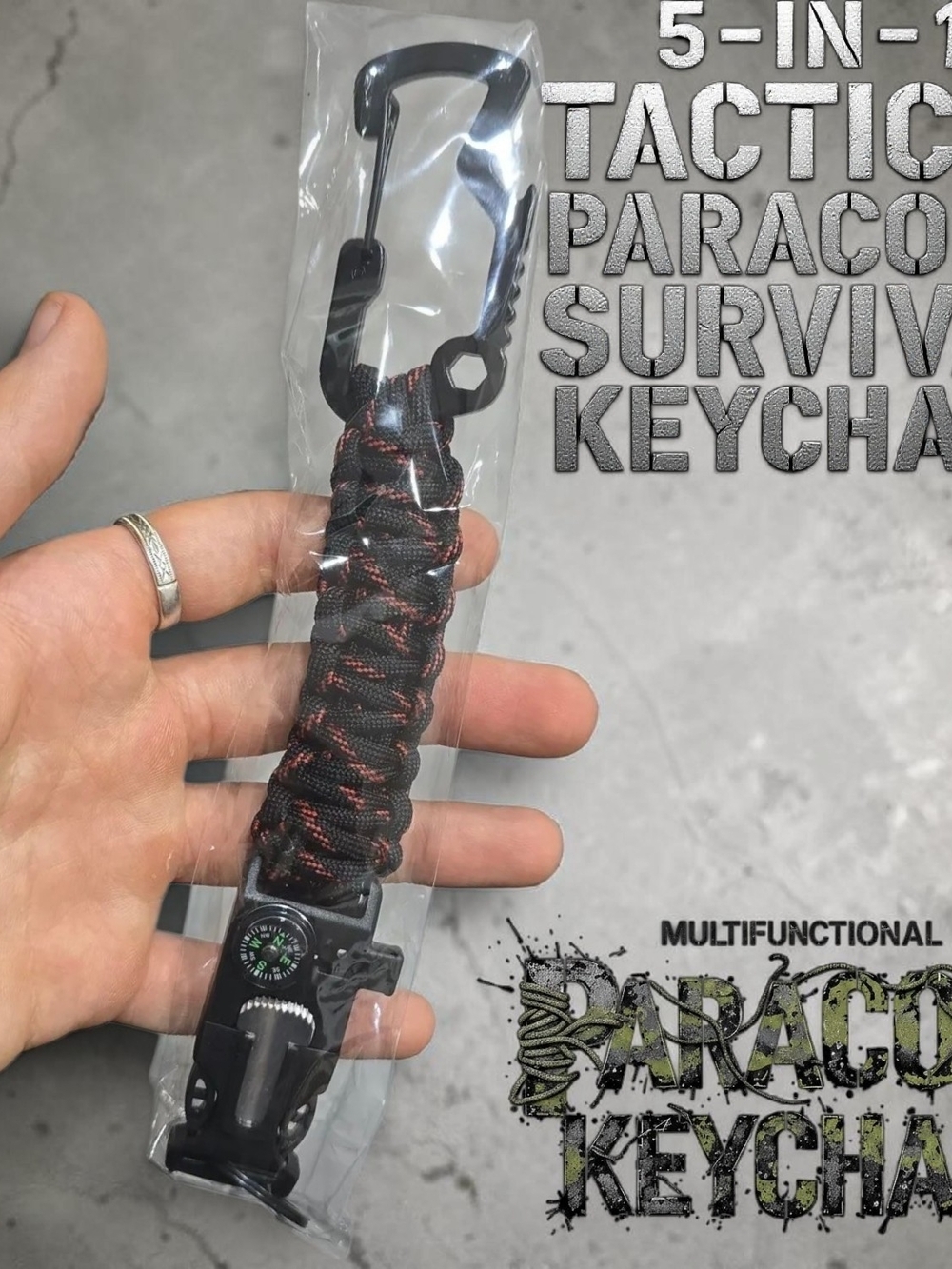 5 In 1 Tactical Paracord Survival Keychain - Black with Red Crimson Camo-BNWT